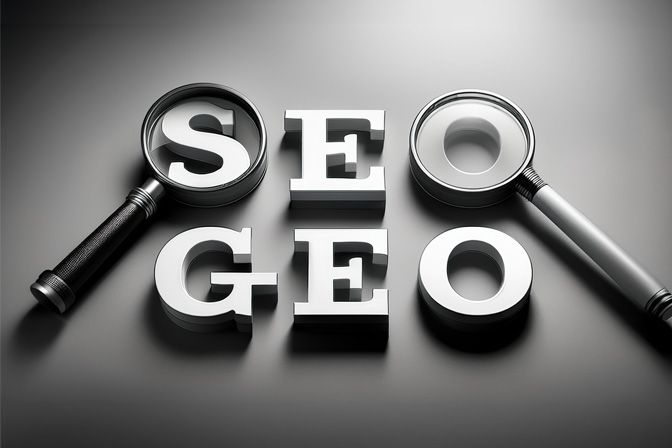Illustration mit den Worten SEO und GEO erstellt mit KI