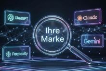 Illustration einer Lupe und den Worten "Ihre Marke", darum herum die Marken verschiedener Chatbots