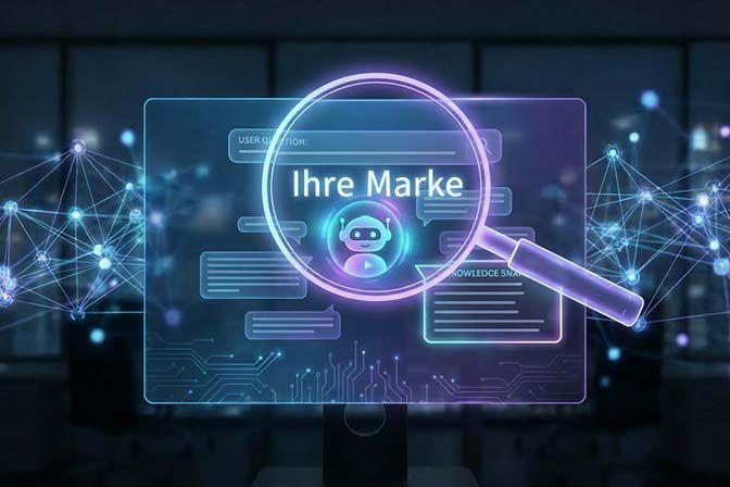 Illustration einer KI-Antwort mit einer Lupe und den Worten "Ihre Marke"