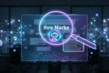 Illustration einer KI-Antwort mit einer Lupe und den Worten "Ihre Marke"