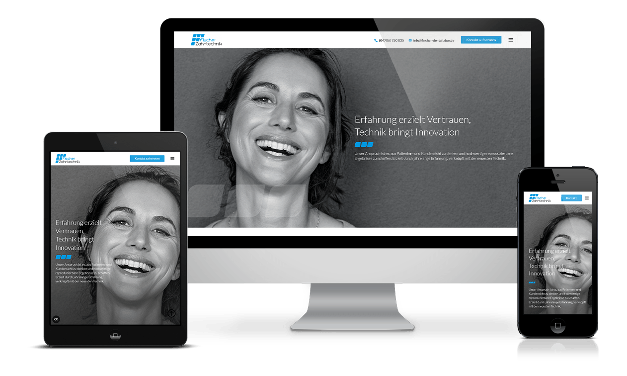 Referenz Fischer Zahntechnik Website Das Bild zeigt einen Monitor, ein Tablet und ein Smartphone. Auf den Bildschirmen sieht man den Kopfbereich der Website von Fischer Zahntechnik.