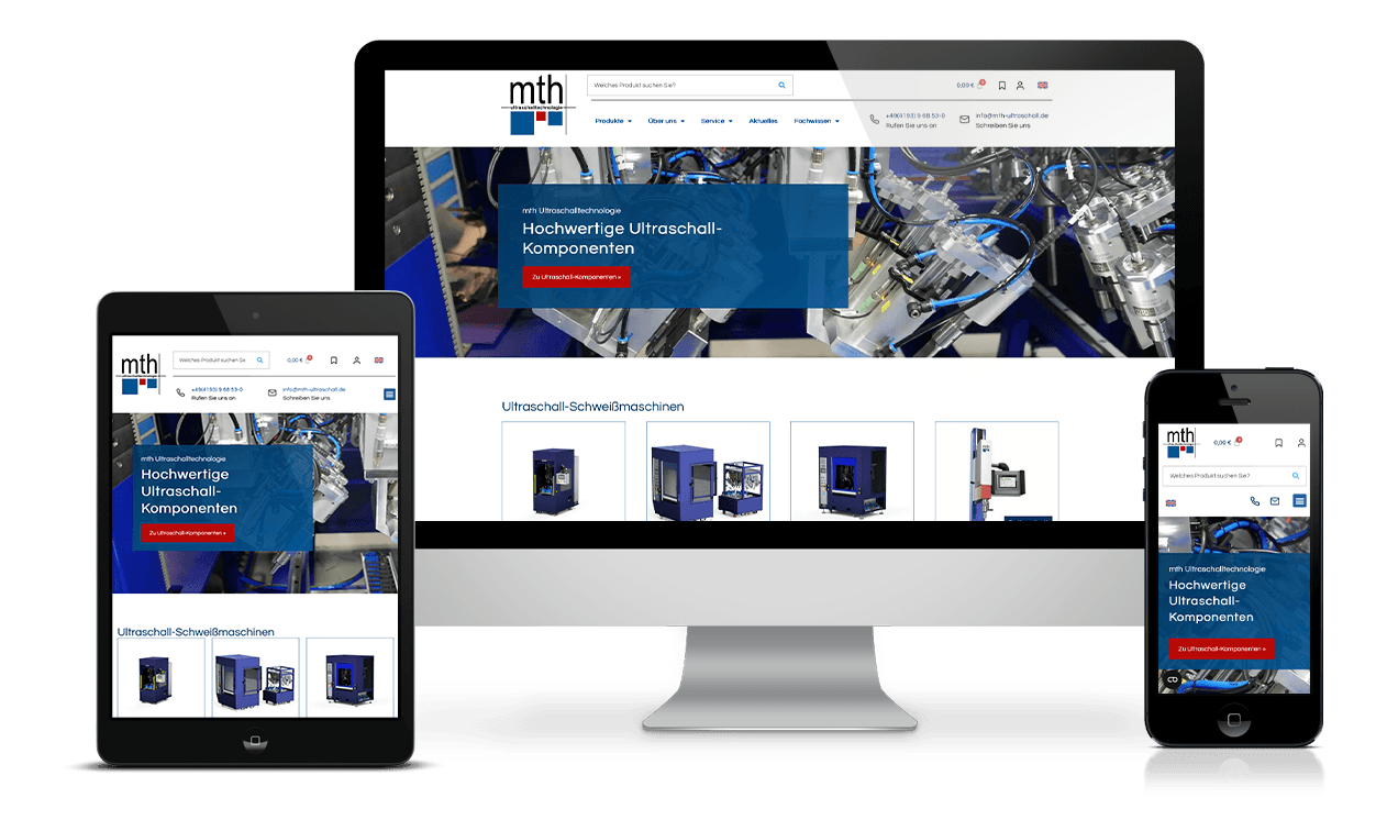 Referenz mth Ultraschall Website Das Bild zeigt einen Monitor, ein Tablet und ein Smartphone. Auf den Bildschirmen sieht man den Kopfbereich der Website von mth Ultraschall.